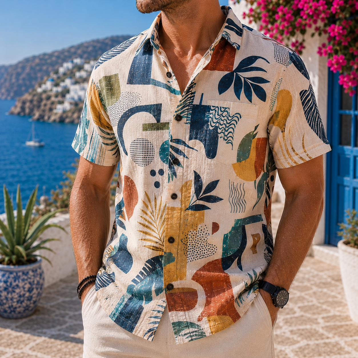 Men's Vintage Tropical Print Short-Sleeve Shirt – Casual Beach Vacation Style – 25