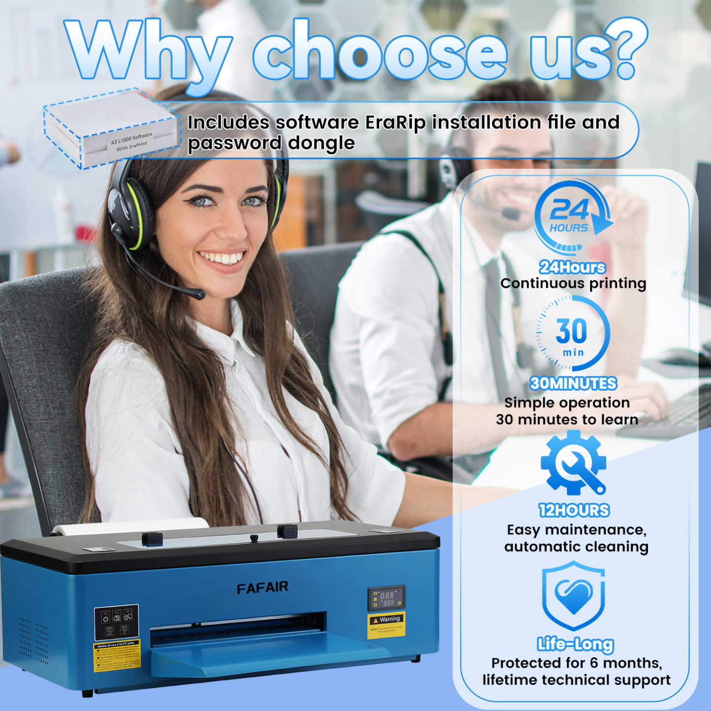 FAFAIR A3 L1800 DTF Printer, DTF Transfer Machine with White Ink Mixing System & Auto Clean, High-Speed DIY Print Machine with Software, Powder, 5 x 250ml Ink, and 1 x Roll of Film(L1800+Oven) 