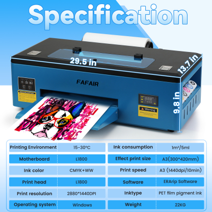 FAFAIR A3 L1800 DTF Printer, DTF Transfer Machine with White Ink Mixing System & Auto Clean, High-Speed DIY Print Machine with Software, Powder, 5 x 250ml Ink, and 1 x Roll of Film(L1800+Oven) 