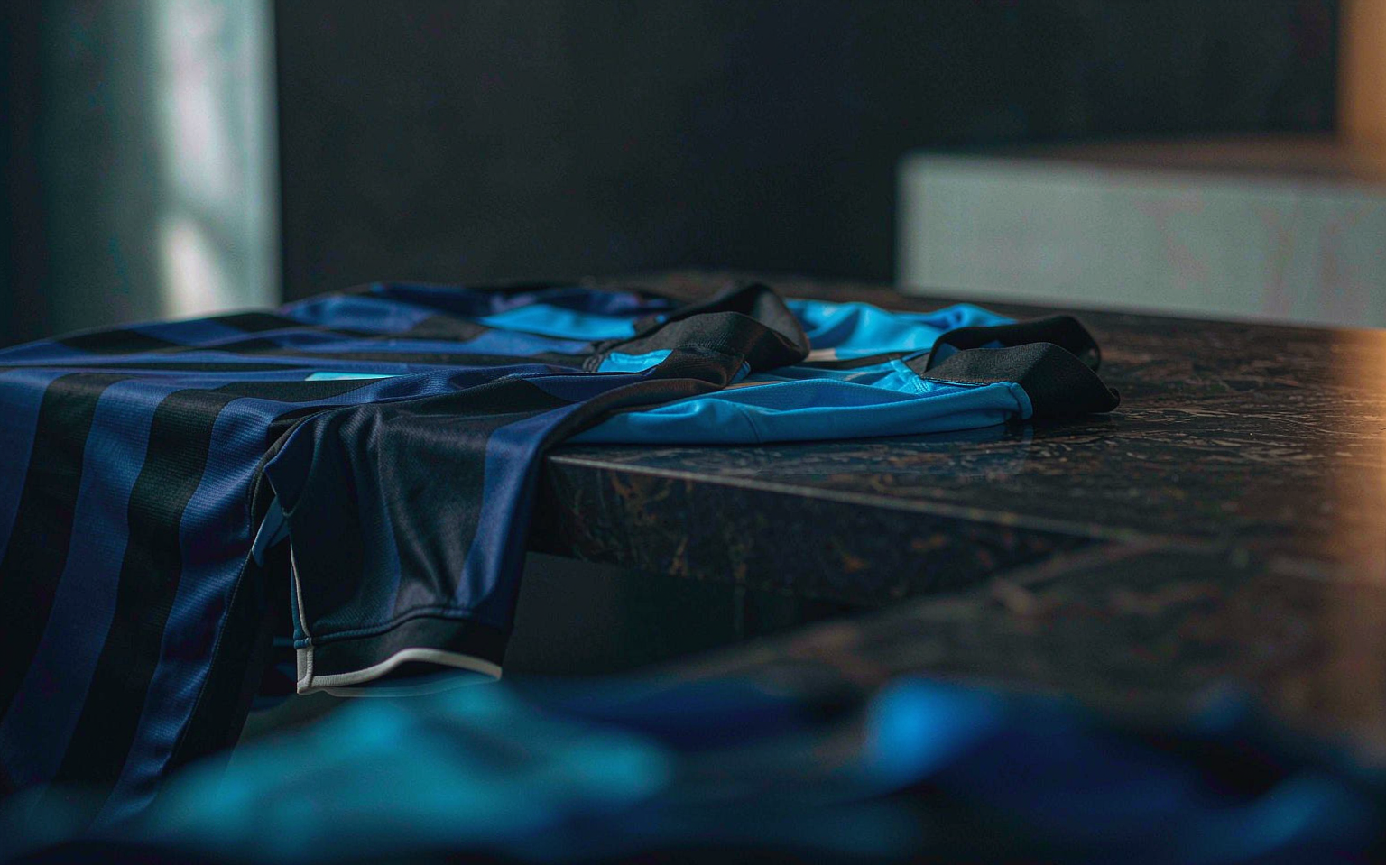 Folded navy striped and azure jerseys on a dark polished table