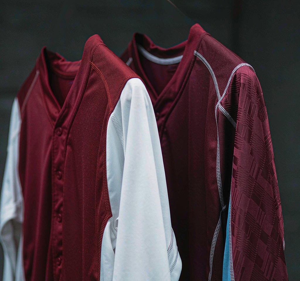 Matchday jerseys in claret, blue, red and white