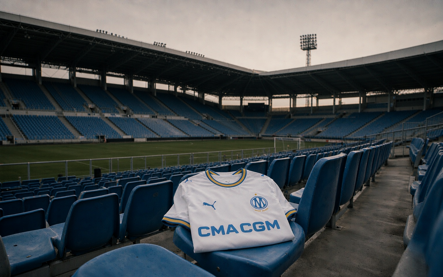 Empty football stadium stand at dusk with a football shirt resting on a seat