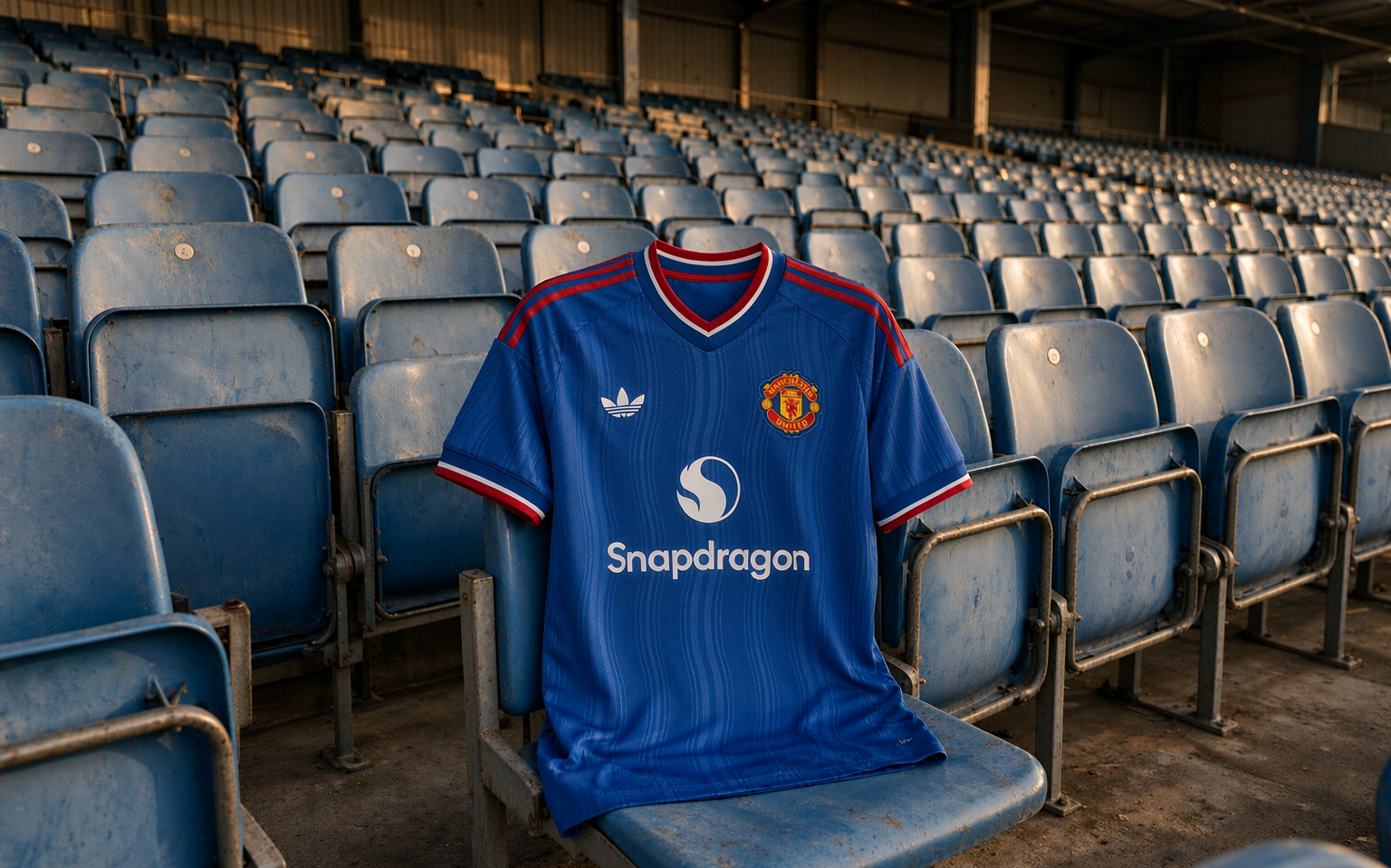 Empty football stadium stand with a shirt resting on a seat