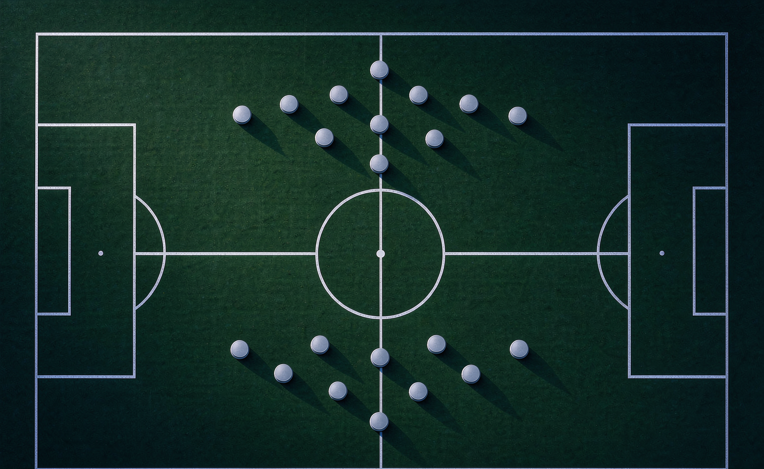 Top-down view of a pitch with two sets of formation markers