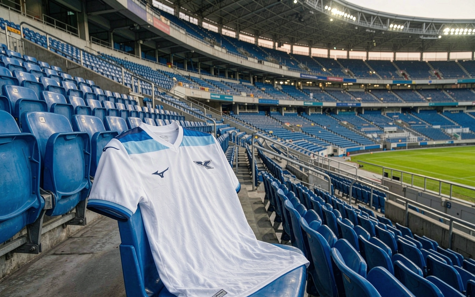 Empty floodlit stadium stand with a football shirt draped over a vacant seat