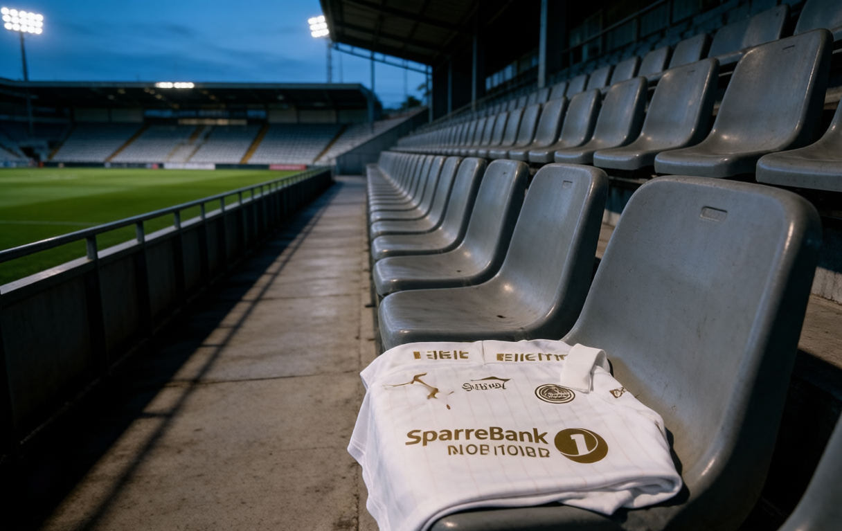 Empty floodlit stadium stand at dusk with a football shirt resting on a seat