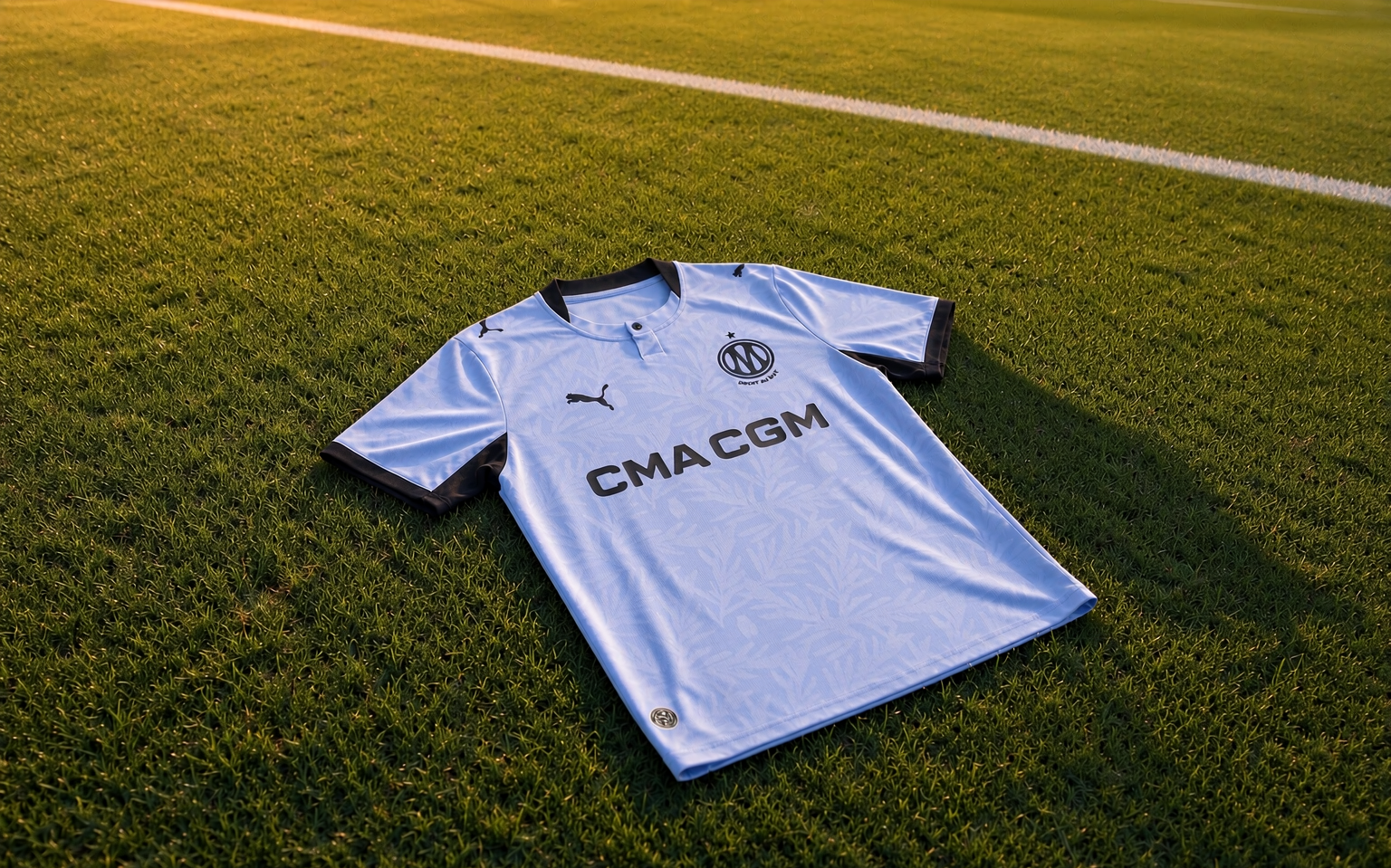 Overhead view of a football shirt laid flat on freshly mown grass at golden hour