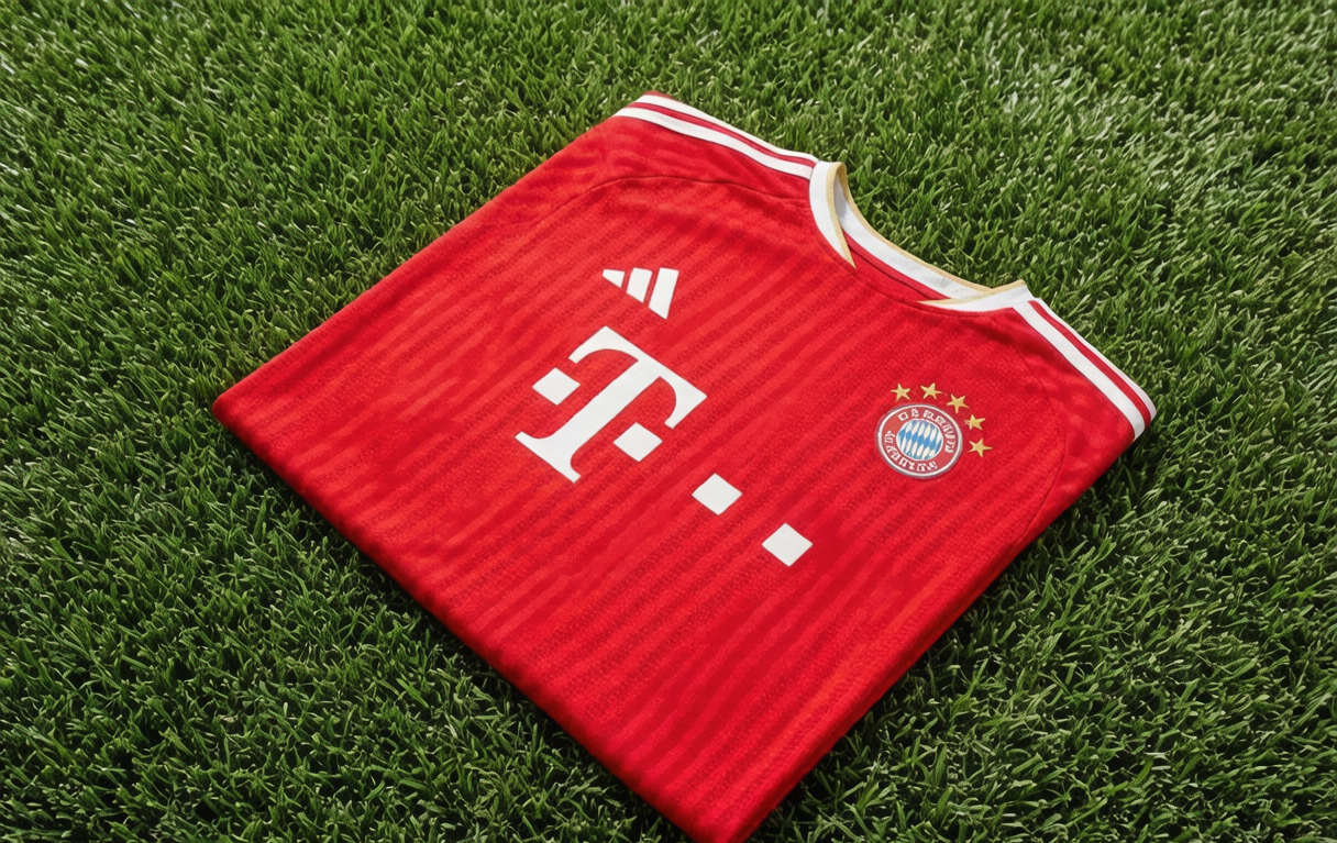Overhead view of a football shirt laid flat on freshly mown grass under floodlights