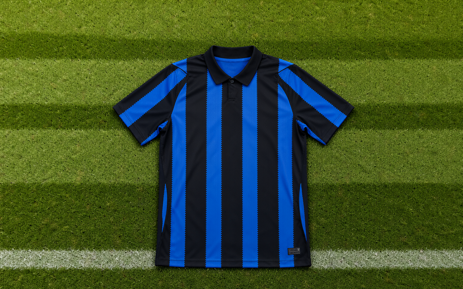 Overhead view of a football shirt laid flat on mown grass inside a stadium