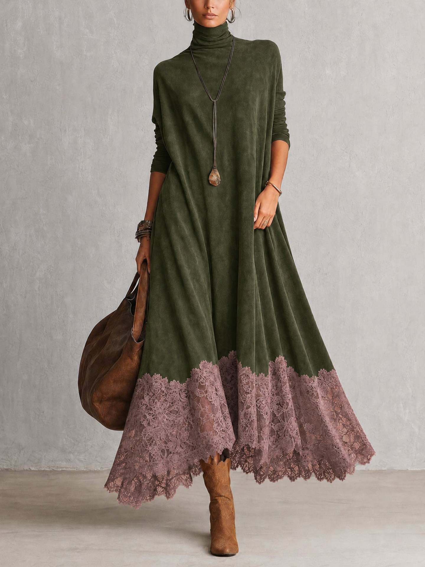 Elegant High-Neck Contrast Lace Hem Flowy Maxi Dress