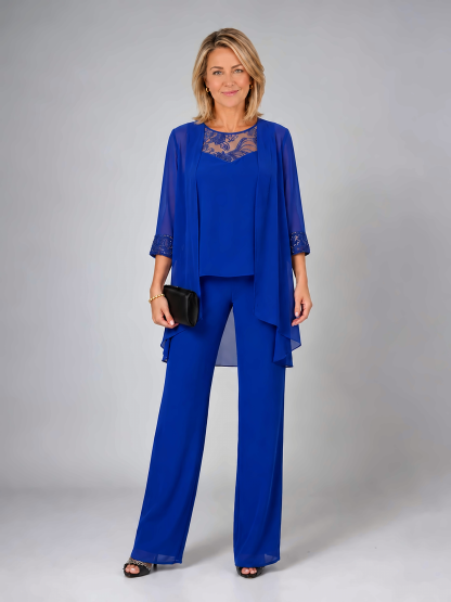 Elegant Lace Detail Three-Piece Pants Set with Draped Cardigan