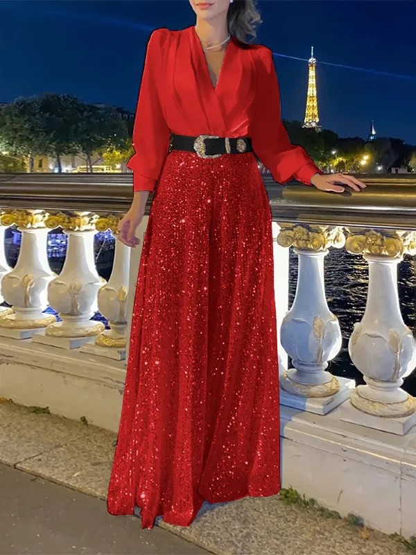 Stylish V-Neck Long Sleeve Shirt & Sequin Wide Leg Pants Set (Buy 2 Free Shipping)