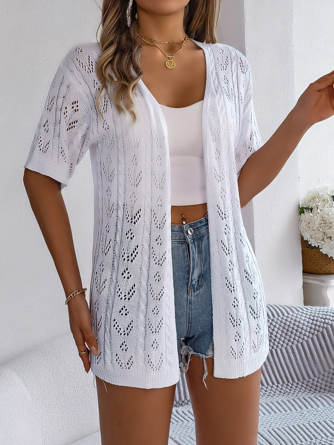 Breezy Openwork Longline Short Sleeve Knit Cardigan