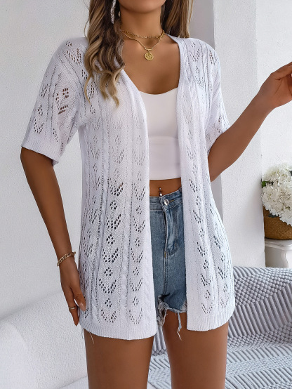 Breezy Openwork Longline Short Sleeve Knit Cardigan