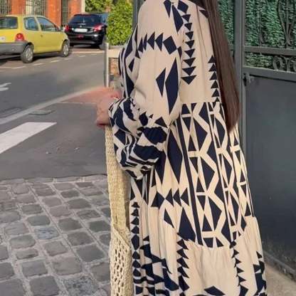 []Geometric Print Boho Tiered Maxi Dress