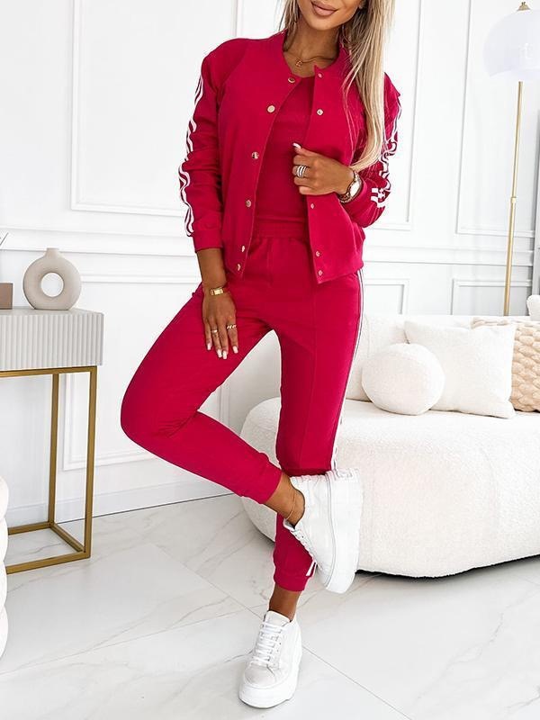 Casual Striped Trim Jacket and Tank 3-Piece Set (Buy 2 Free Shipping)