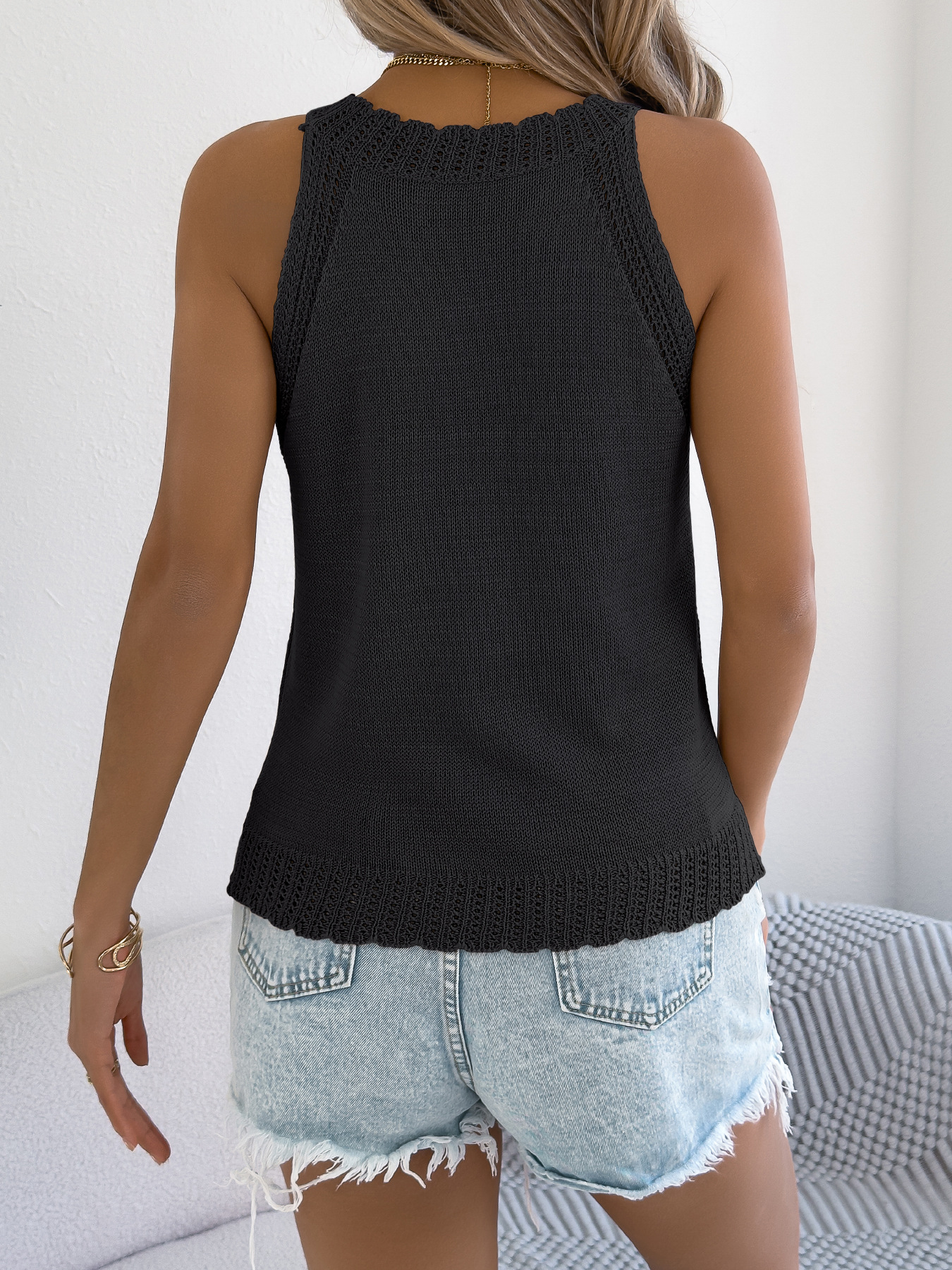 Effortless Openwork Halter Neck Sleeveless Knit Top