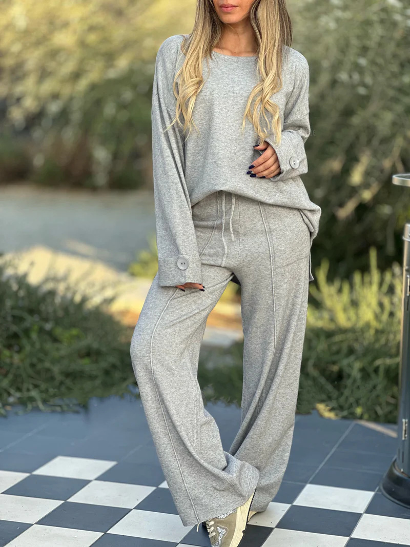 Cozy Knit Button Sleeve Top Wide Leg Loungewear Two Piece Set (Buy 2 Free Shipping)