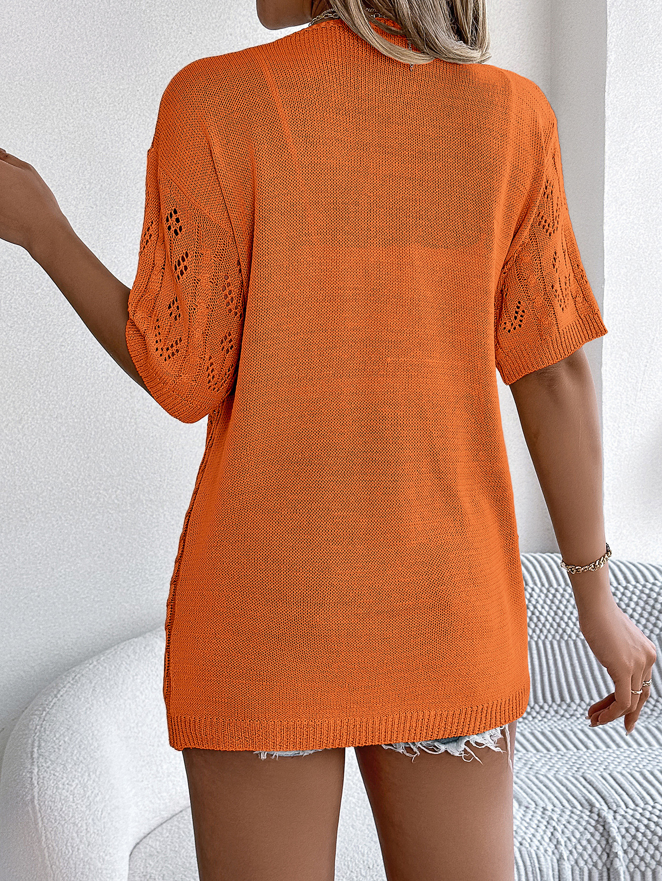 Breezy Openwork Longline Short Sleeve Knit Cardigan