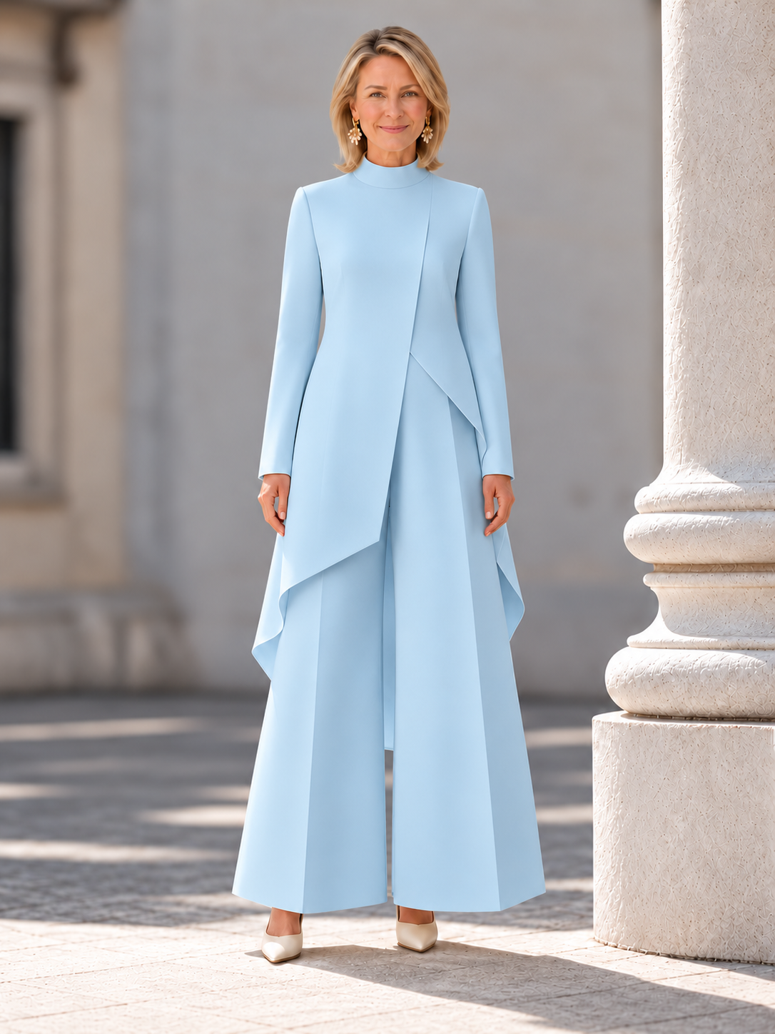 Elegant Long-Sleeve High-Neck Asymmetric Tunic Wide-Leg Two-Piece Set