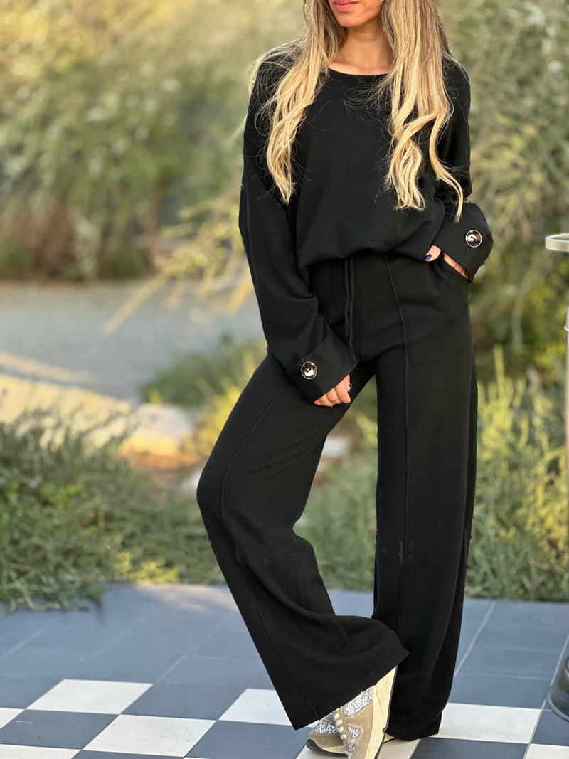 Cozy Knit Button Sleeve Top Wide Leg Loungewear Two Piece Set (Buy 2 Free Shipping)