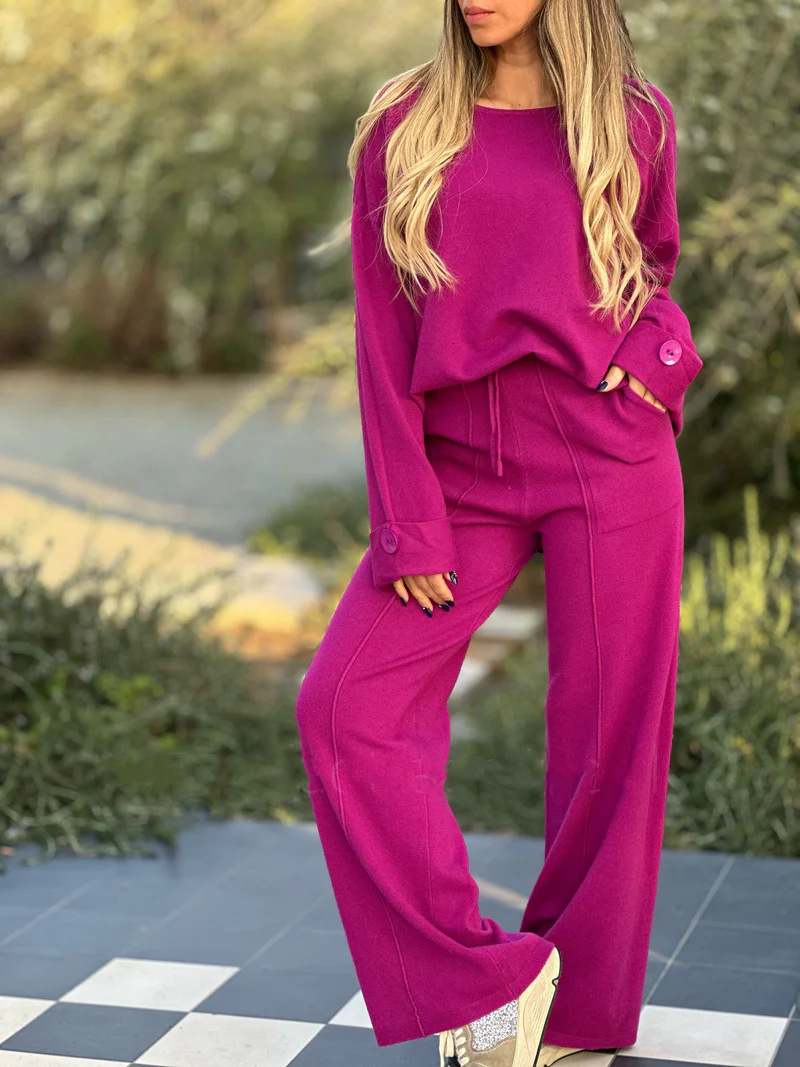 Cozy Knit Button Sleeve Top Wide Leg Loungewear Two Piece Set (Buy 2 Free Shipping)