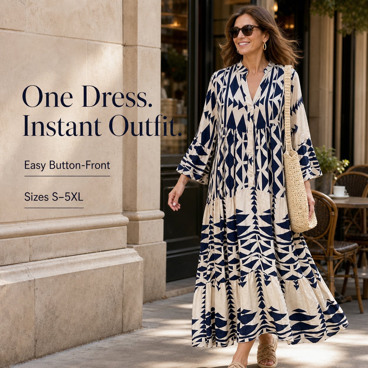 []Geometric Print Boho Tiered Maxi Dress
