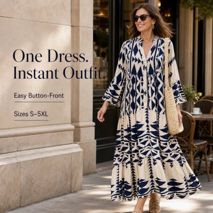 []Geometric Print Boho Tiered Maxi Dress