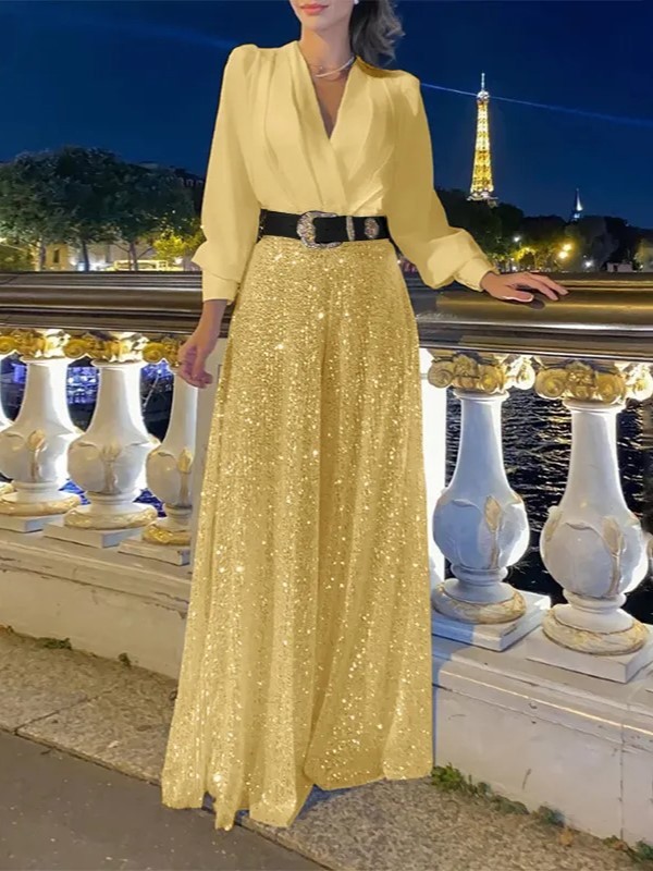 Stylish V-Neck Long Sleeve Shirt & Sequin Wide Leg Pants Set (Buy 2 Free Shipping)