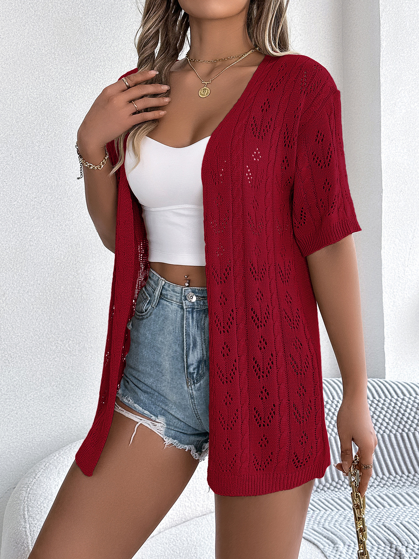 Breezy Openwork Longline Short Sleeve Knit Cardigan