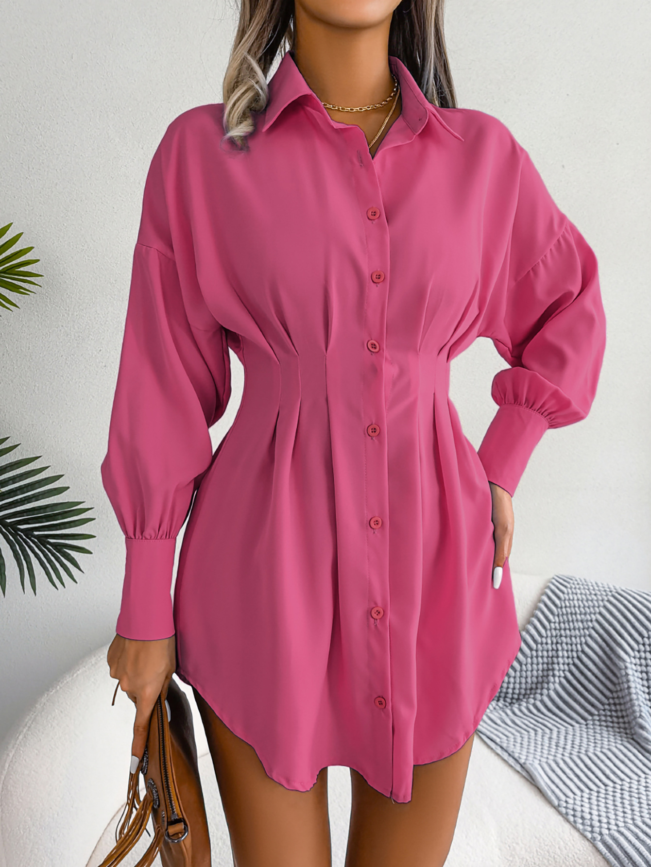 [PL] Pleated Waist Button-Front Shirt Dress