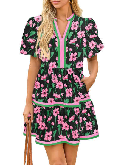 Fresh Floral Contrast Trim Puff Sleeve Tiered Mini Dress