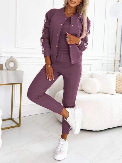 Casual Striped Trim Jacket and Tank 3-Piece Set (Buy 2 Free Shipping)