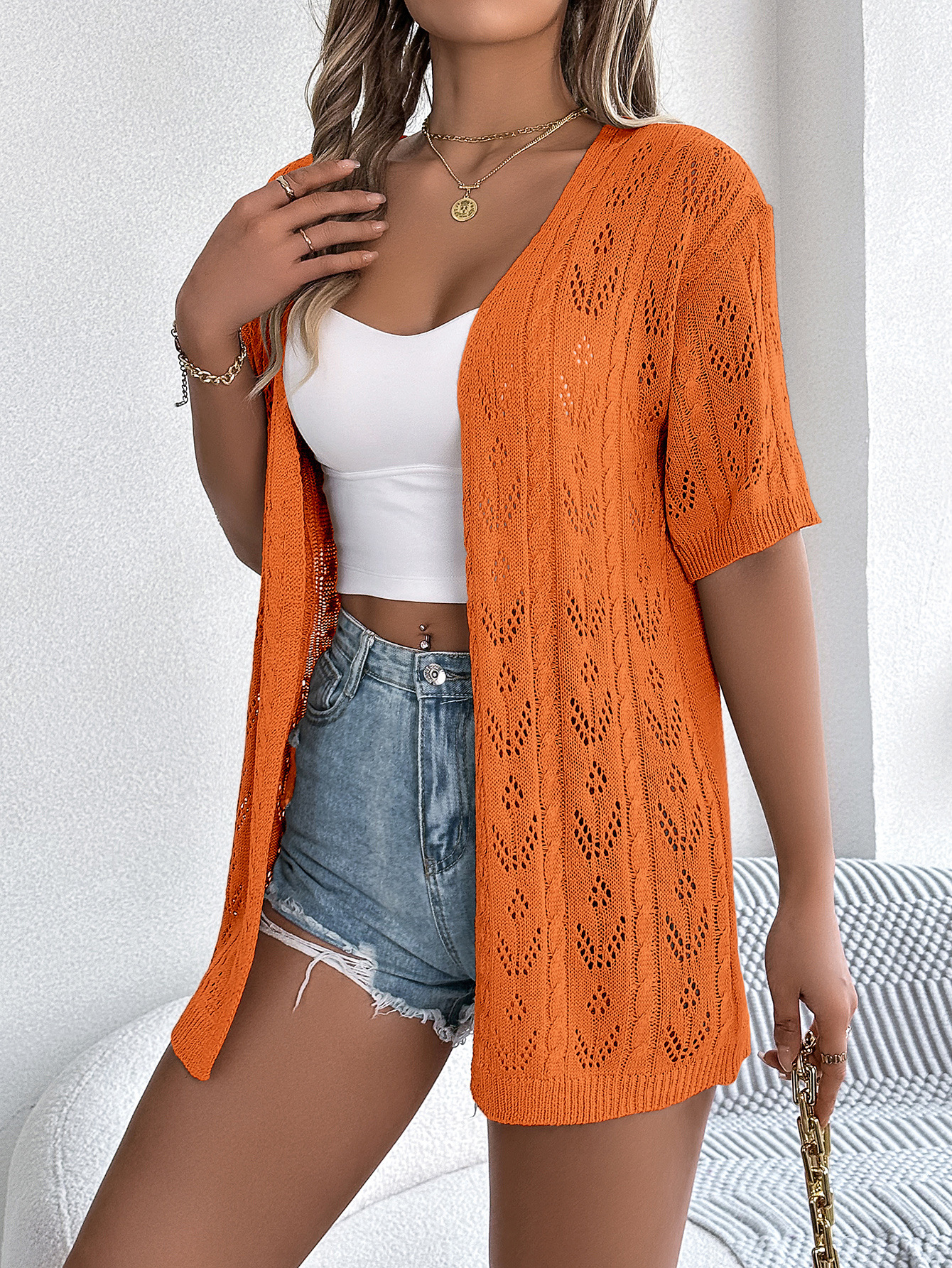 Breezy Openwork Longline Short Sleeve Knit Cardigan