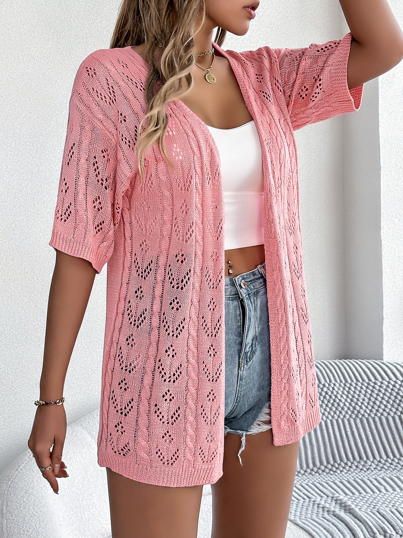 Breezy Openwork Longline Short Sleeve Knit Cardigan