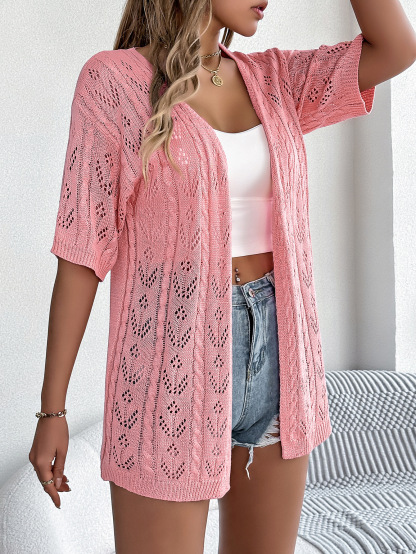 Breezy Openwork Longline Short Sleeve Knit Cardigan