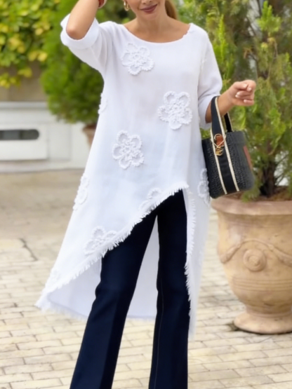 Elegant Floral Applique Asymmetric Hem Longline Tunic Top