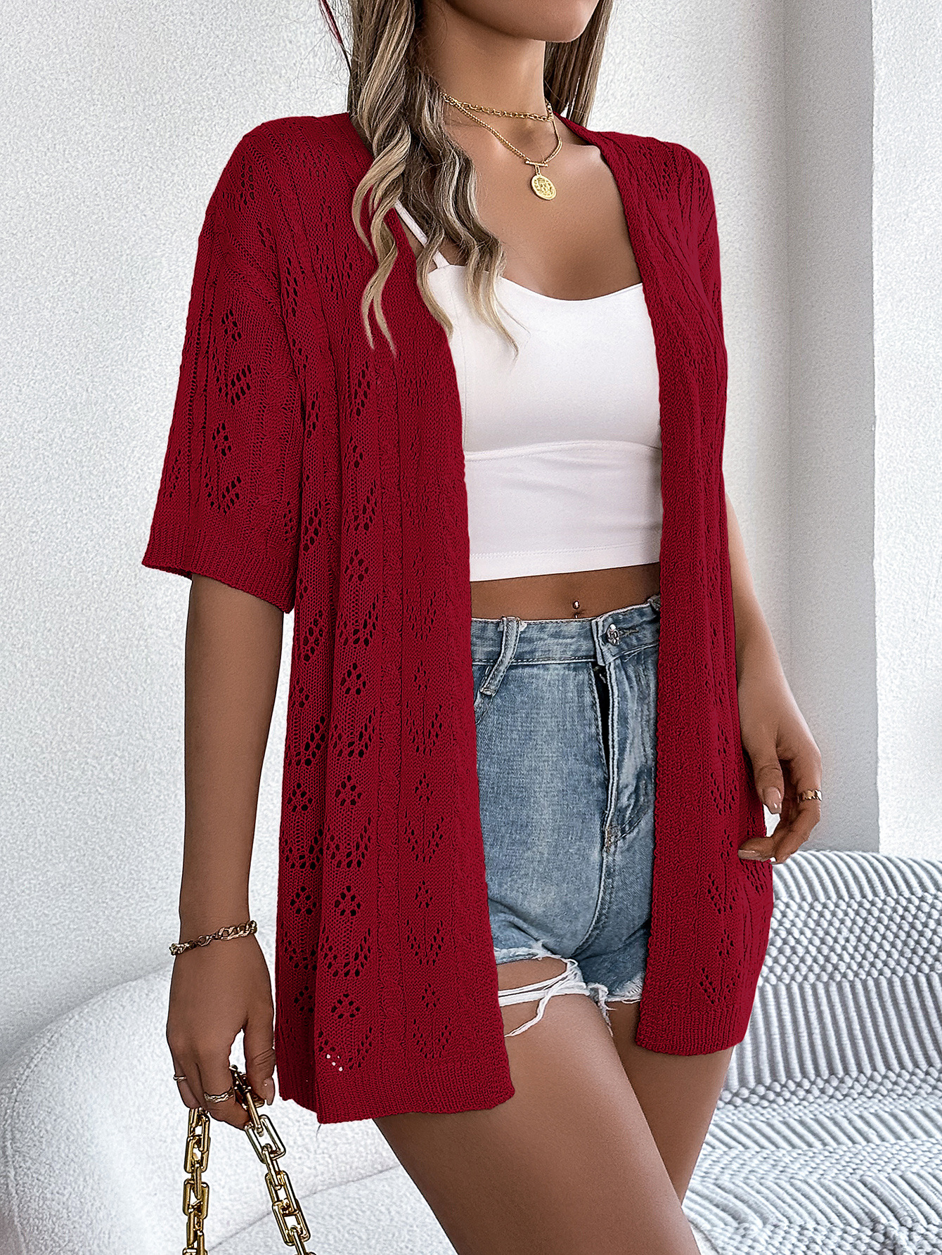Breezy Openwork Longline Short Sleeve Knit Cardigan