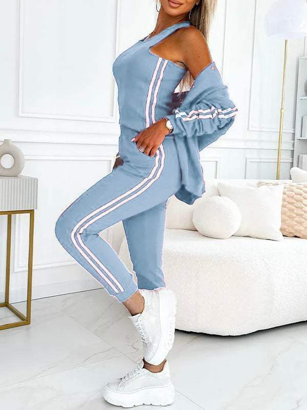 Casual Striped Trim Jacket and Tank 3-Piece Set (Buy 2 Free Shipping)