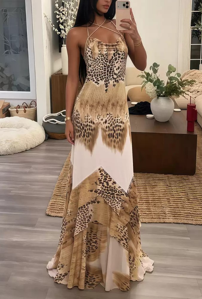 Cross-necked Leopard Print Stitching Irregular Large Vacation Long Dress