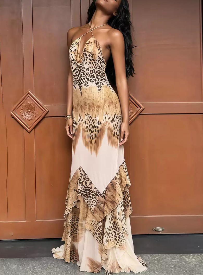 Cross-necked Leopard Print Stitching Irregular Large Vacation Long Dress