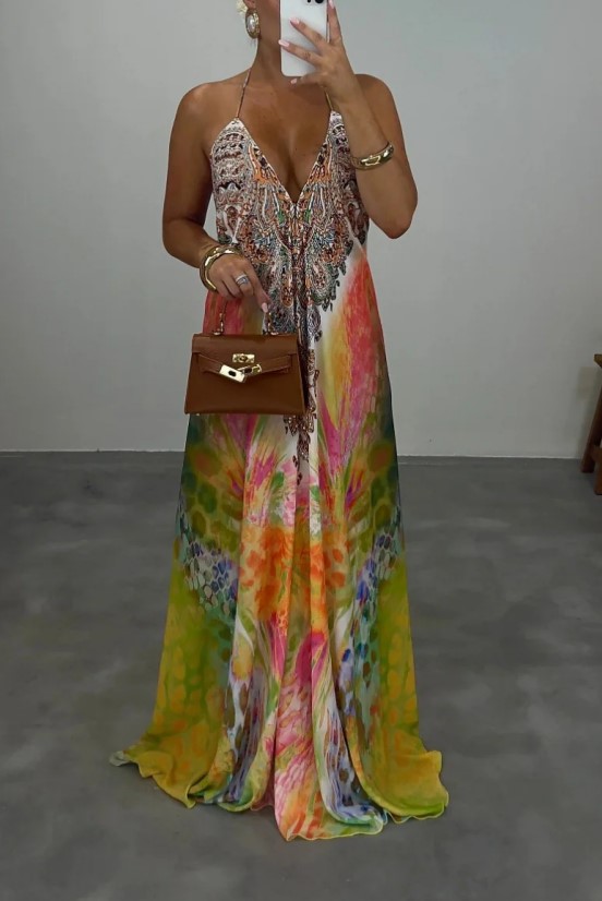 Vintage And Exotic Printed V-neck Sling Loose Large Swing Holiday Dress