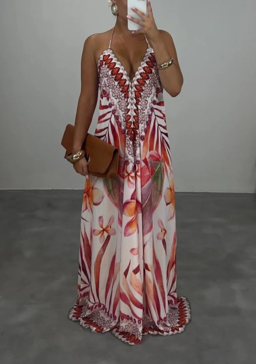 Vintage And Exotic Printed V-neck Sling Loose Large Swing Holiday Dress