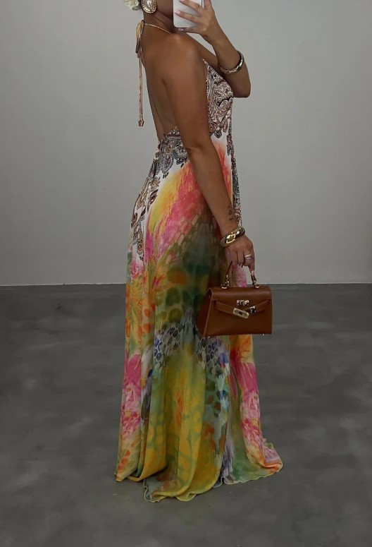 Vintage And Exotic Printed V-neck Sling Loose Large Swing Holiday Dress
