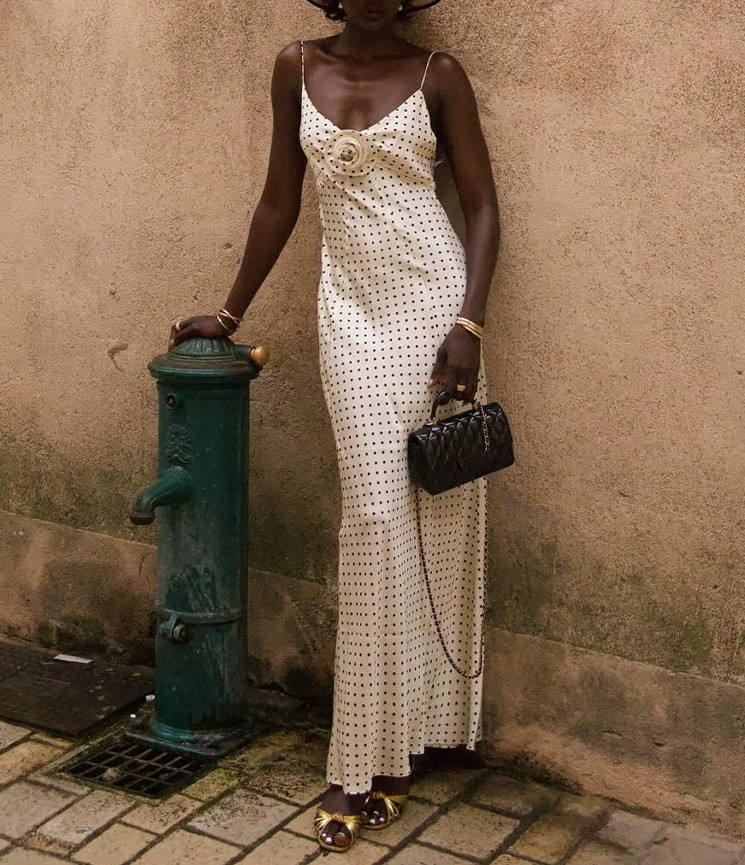 Vintage Polo-dot V-neck Thin Strap Twist Slim-fit Long Dress