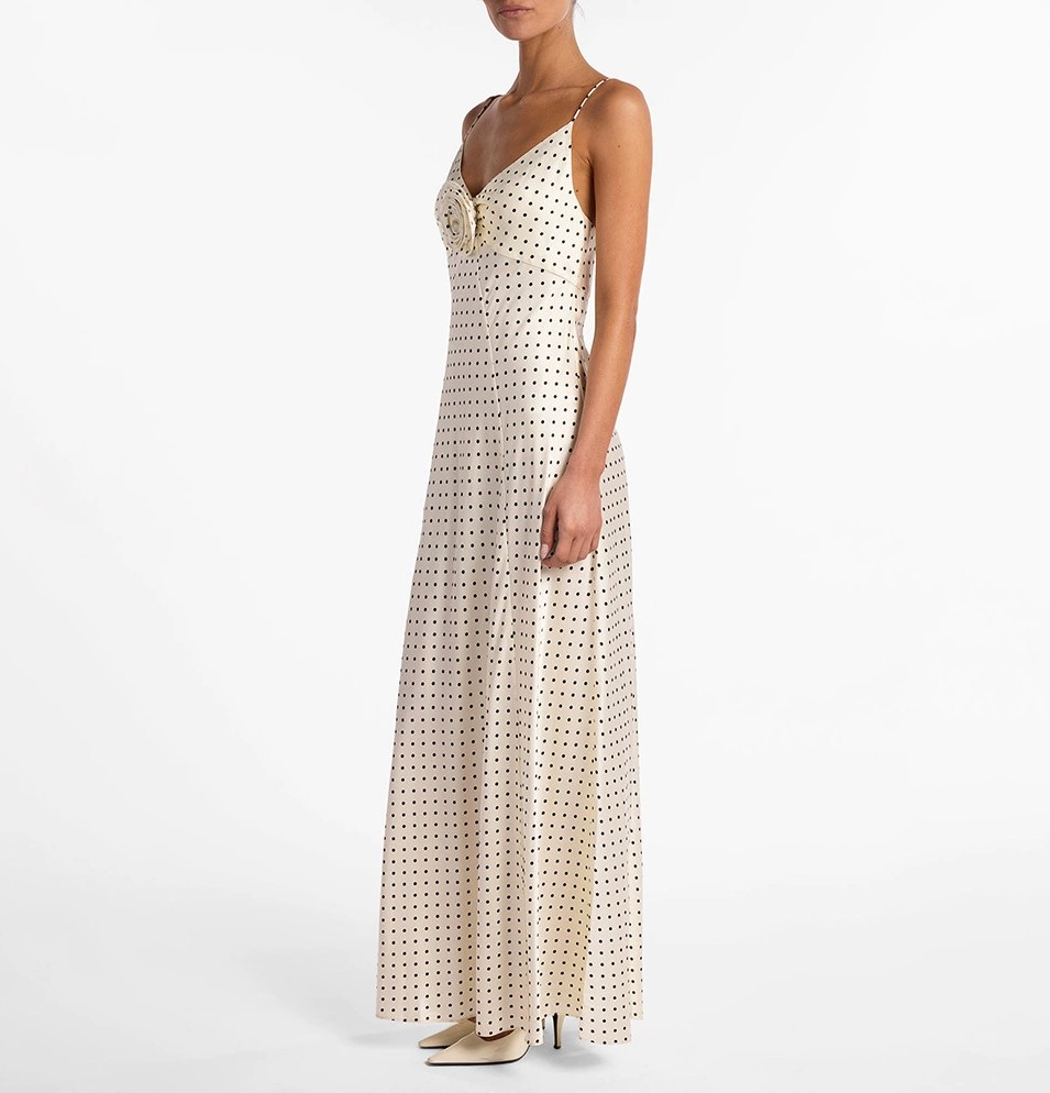 Vintage Polo-dot V-neck Thin Strap Twist Slim-fit Long Dress