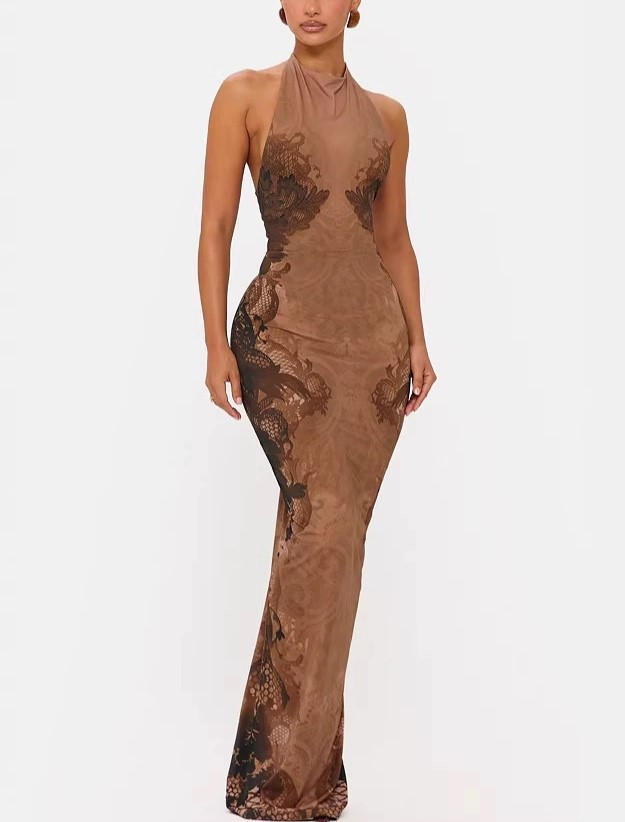 Curry Halter Dragon-Print Slim-Fit Fishtail Long Dress