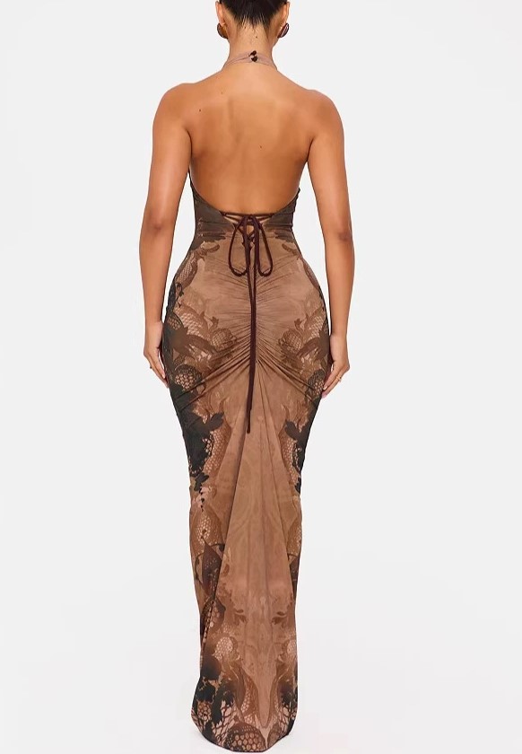 Curry Halter Dragon-Print Slim-Fit Fishtail Long Dress
