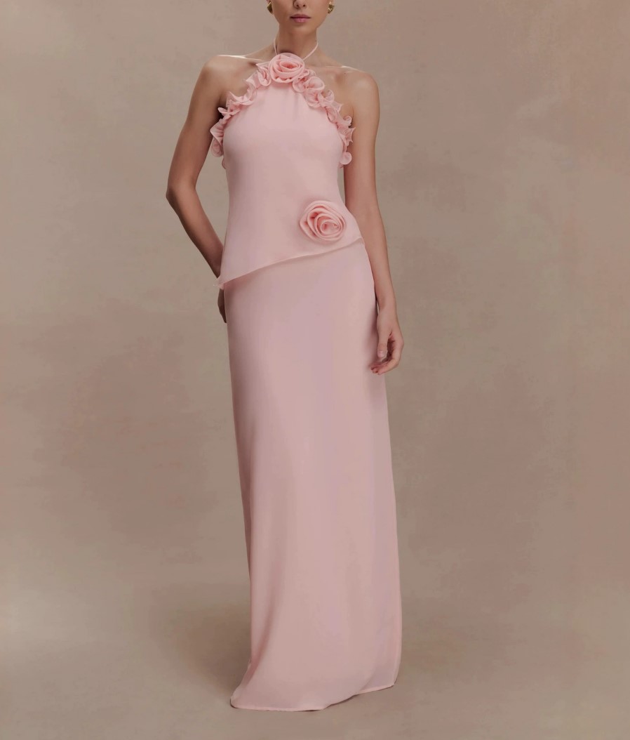 Pink Three-Dimensional Rose Neck Slim-Fit Long Banquet Dress