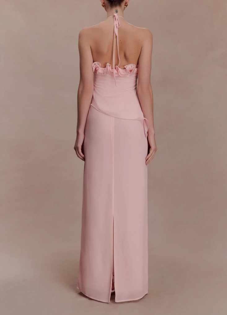 Pink Three-Dimensional Rose Neck Slim-Fit Long Banquet Dress